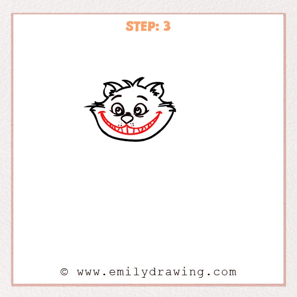 how to draw a cheshire cat - Cheshire Cat face now shows an extra-wide curved grin with an inner mouth line and a row of sharp triangle teeth.